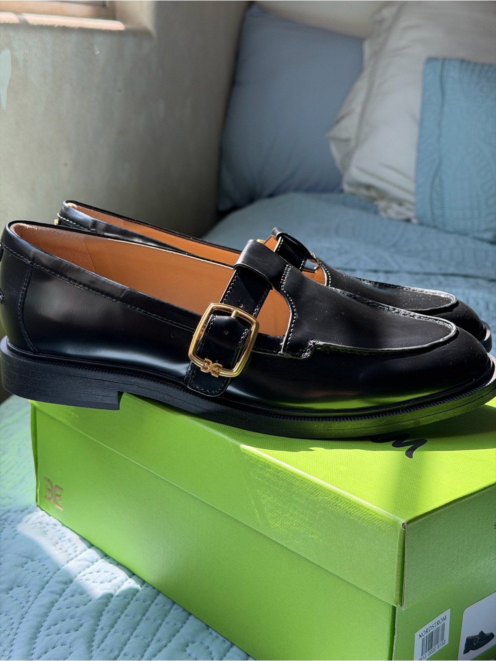 Sam Edelman Black Patent Mary Jane Loafers with Gold Buckle - Picture 6 of 7